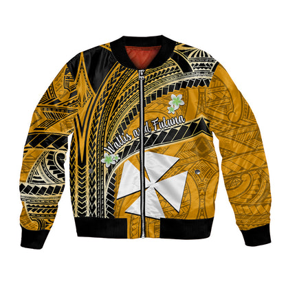 (Custom Personalised) Wallis And Futuna Bomber Jacket Plumeria Flowers With Gold Polynesian Pattern