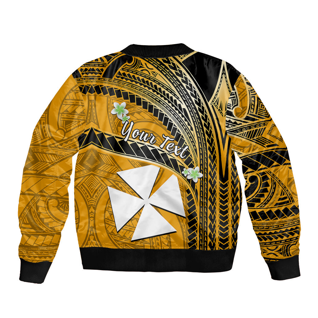 (Custom Personalised) Wallis And Futuna Bomber Jacket Plumeria Flowers With Gold Polynesian Pattern