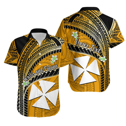 Custom Personalised Wallis And Futuna Hawaiian Shirt Plumeria Flowers With Gold Polynesian Pattern