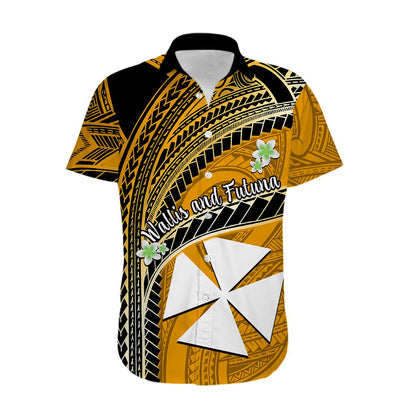Custom Personalised Wallis And Futuna Hawaiian Shirt Plumeria Flowers With Gold Polynesian Pattern