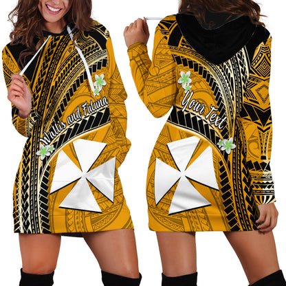 Custom Personalised Wallis And Futuna Hoodie Dress Plumeria Flowers With Gold Polynesian Pattern