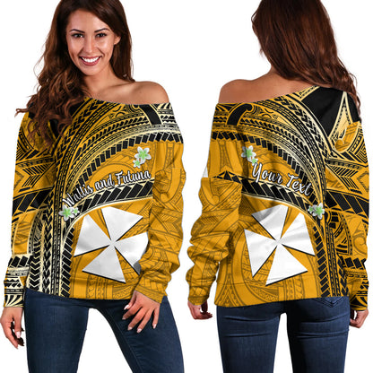 (Custom Personalised) Wallis And Futuna Off Shoulder Sweater Plumeria Flowers With Gold Polynesian Pattern