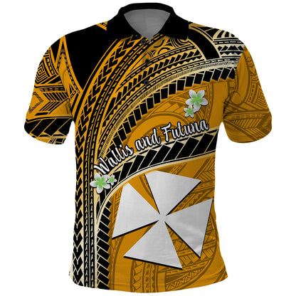Custom Personalised Wallis And Futuna Polo Shirt Plumeria Flowers With Gold Polynesian Pattern