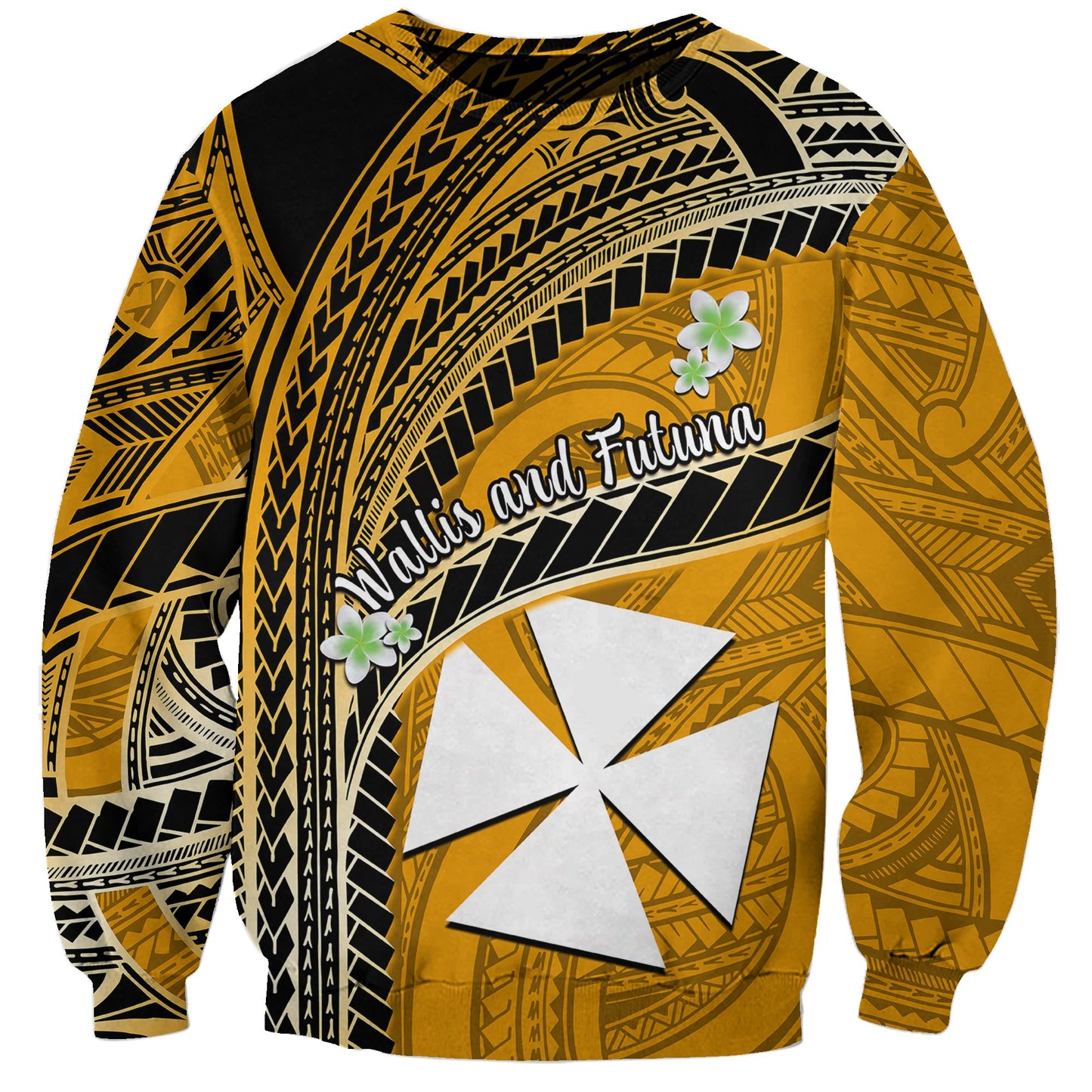 Custom Personalised Wallis And Futuna Sweatshirt Plumeria Flowers With Gold Polynesian Pattern