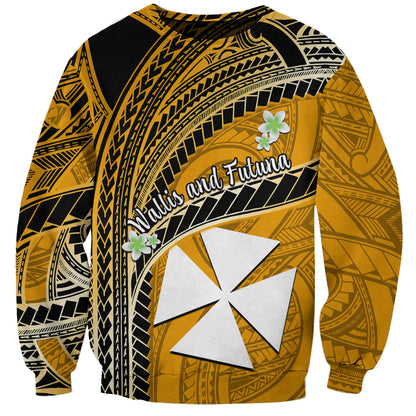 Custom Personalised Wallis And Futuna Sweatshirt Plumeria Flowers With Gold Polynesian Pattern