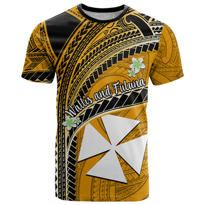 (Custom Personalised) Wallis And Futuna T Shirt Plumeria Flowers With Gold Polynesian Pattern