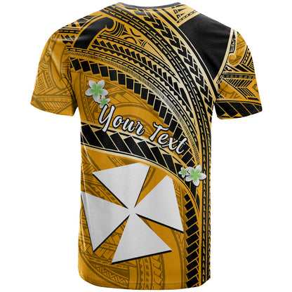 (Custom Personalised) Wallis And Futuna T Shirt Plumeria Flowers With Gold Polynesian Pattern