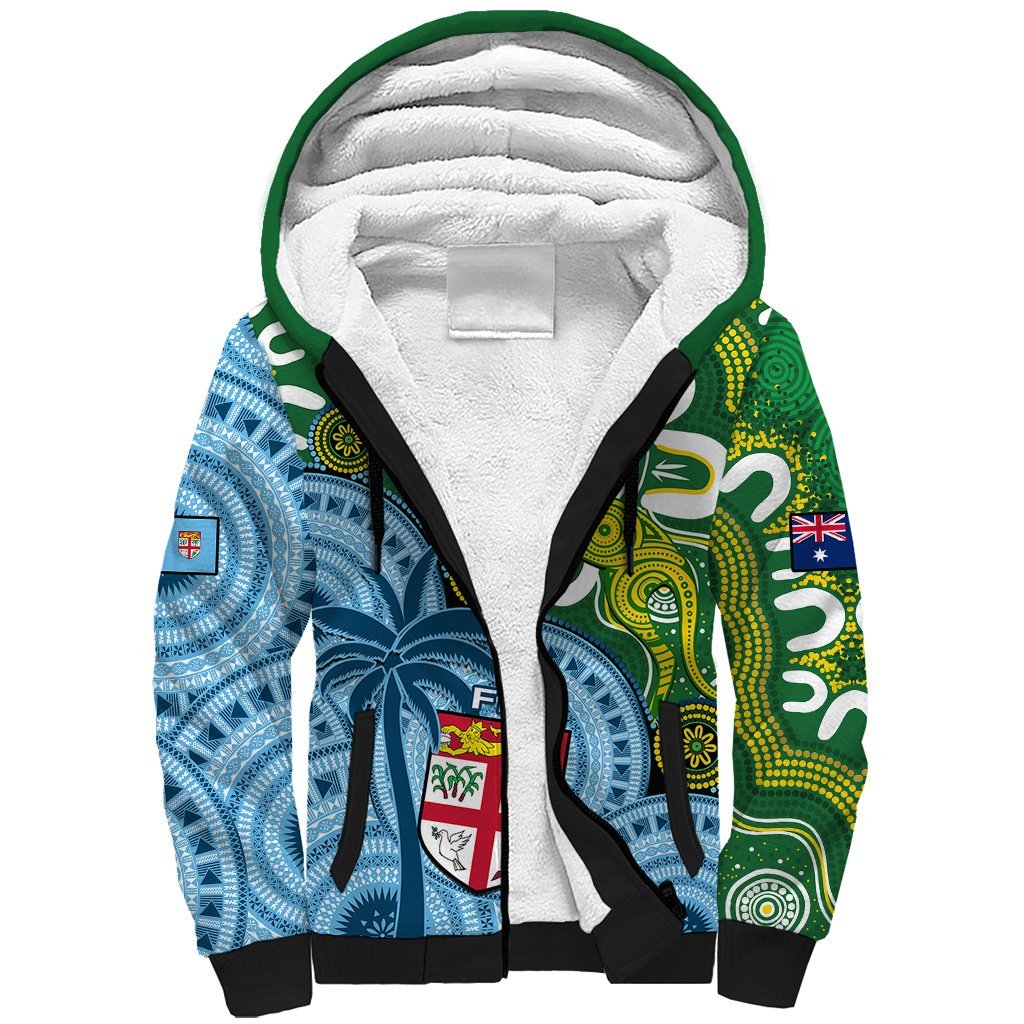 Personalised Australia And Fiji Sherpa Hoodie Aboriginal Mix Fijian Tapa Unique Style