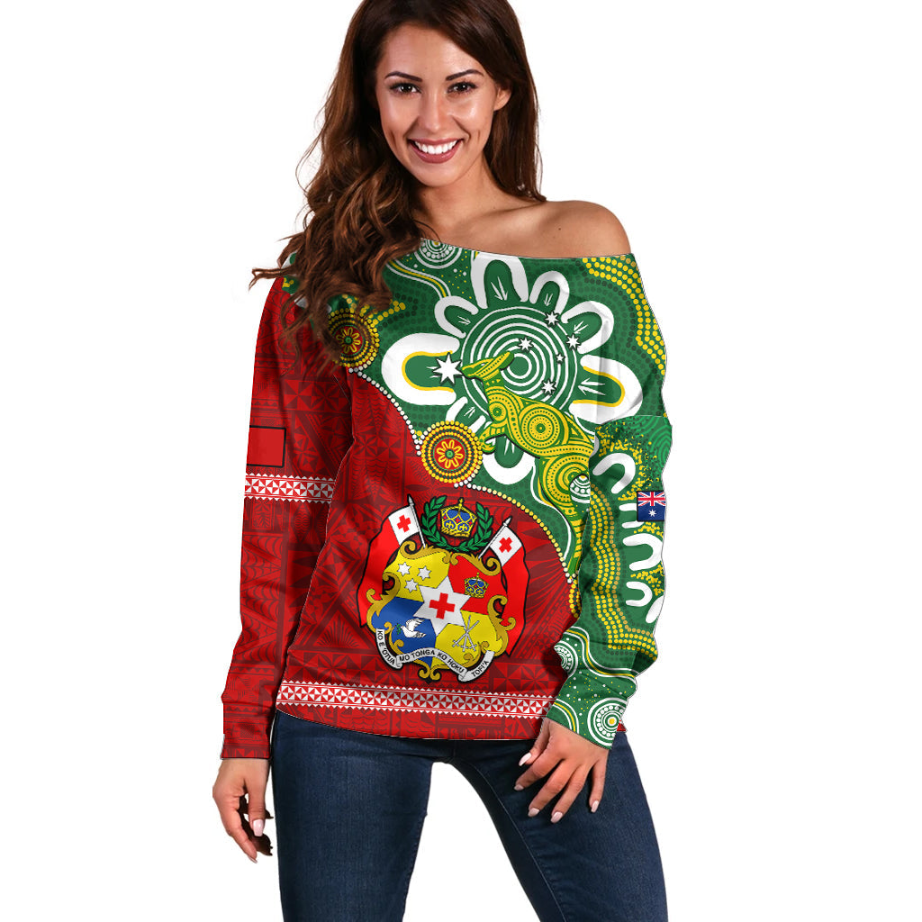 Australia And Tonga Off Shoulder Sweater Aboriginal Mix Tongan Ngatu Unique Style