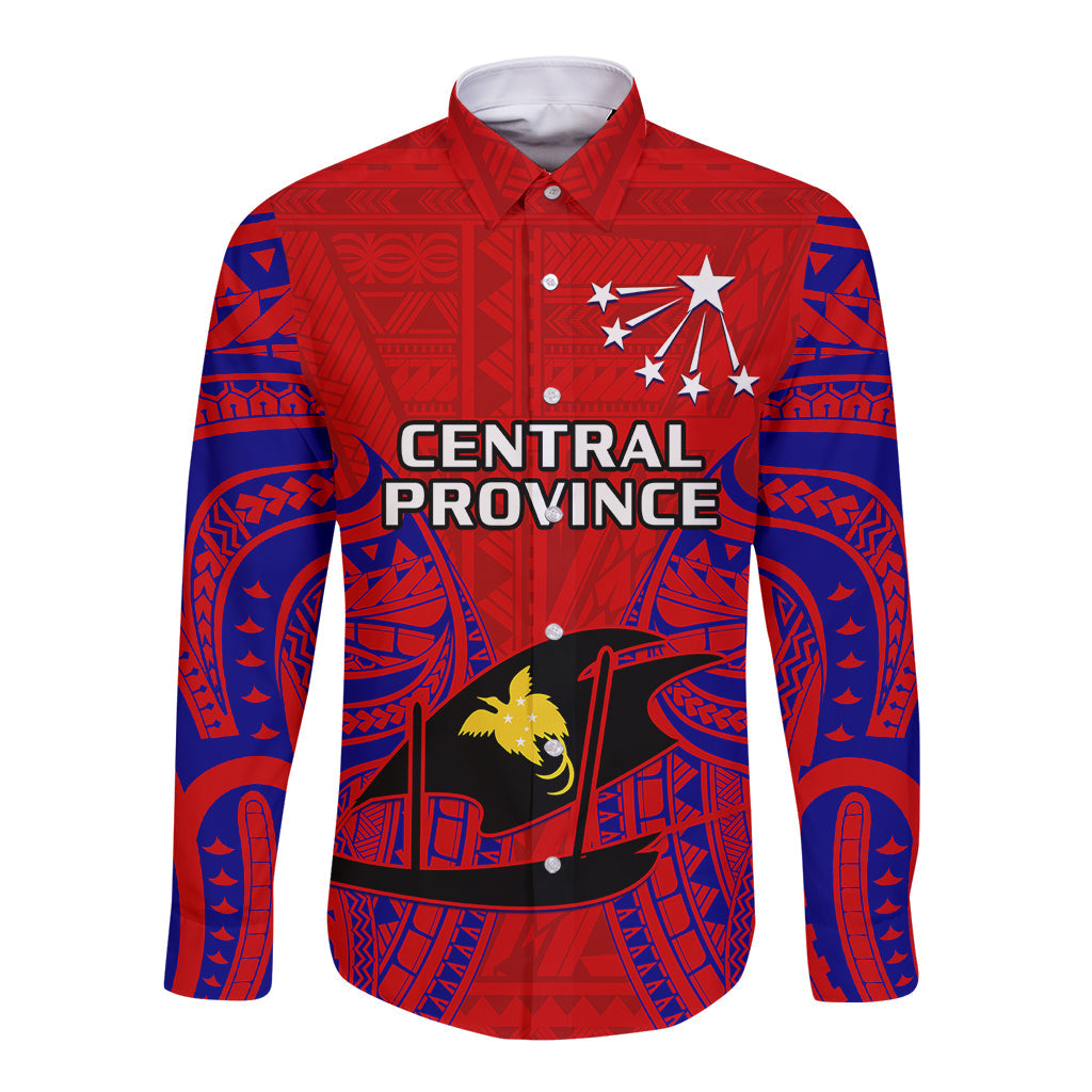 Papua New Guinea Long Sleeve Button Shirt Central Province Mix Coat Of Arms Polynesian Art