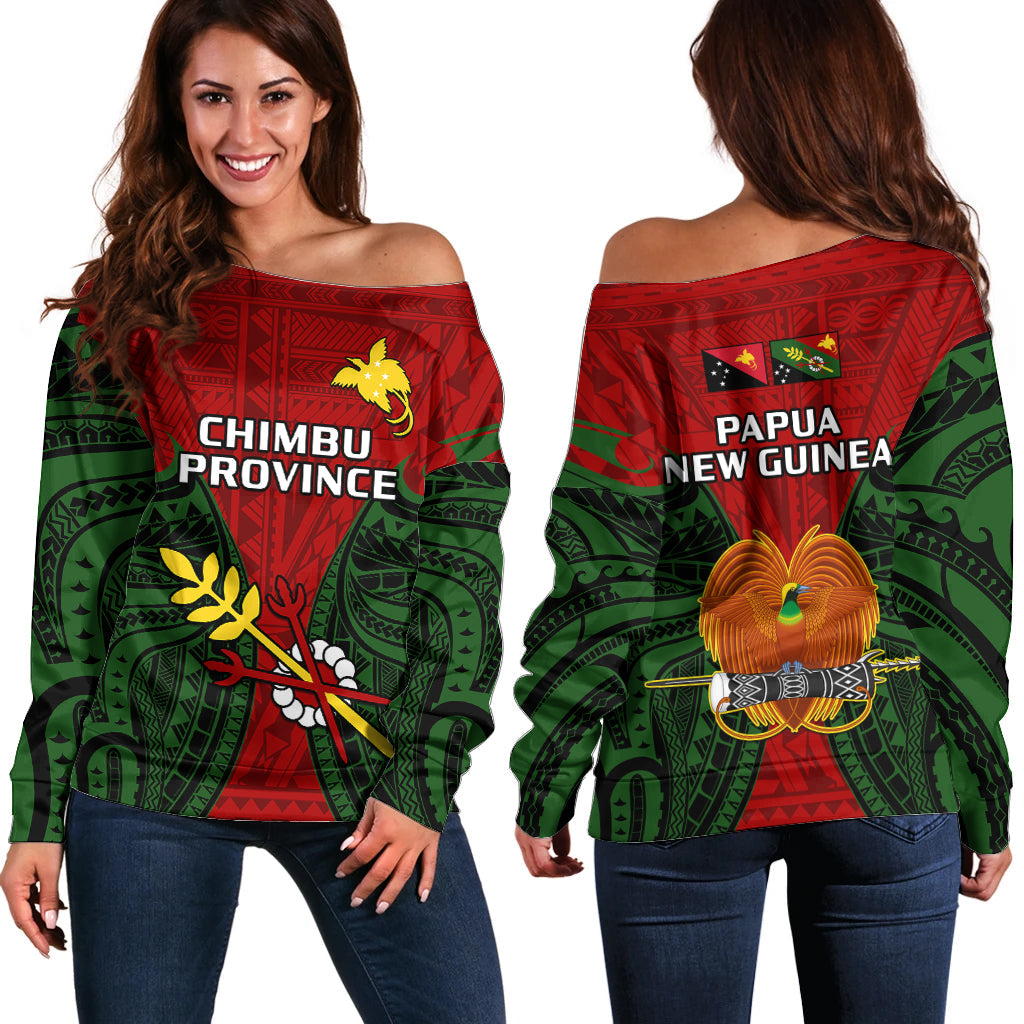 Papua New Guinea Off Shoulder Sweater Chimbu Province Mix Coat Of Arms Polynesian Art