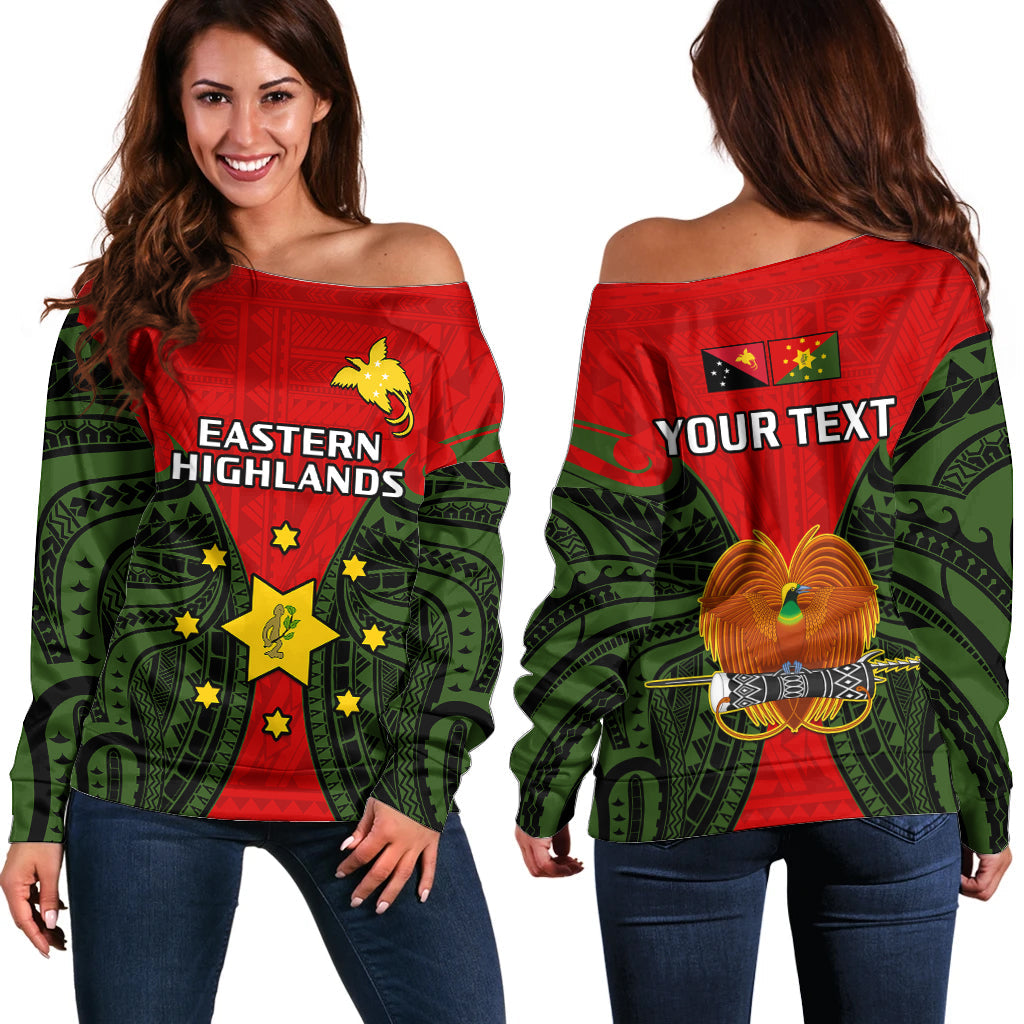 (Custom Personalised) Papua New Guinea Off Shoulder Sweater Eastern Highlands Province Mix Coat Of Arms Polynesian Art