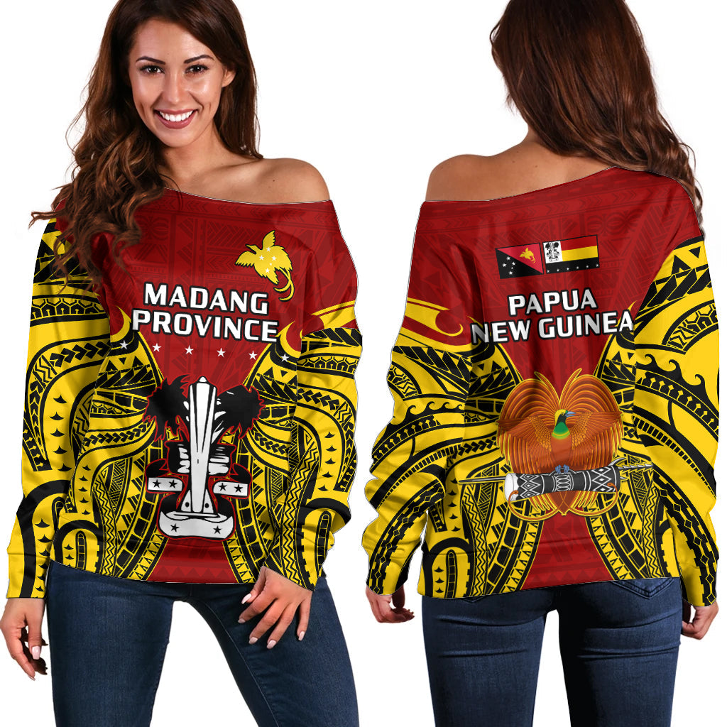 Papua New Guinea Off Shoulder Sweater Madang Province Mix Coat Of Arms Polynesian Art