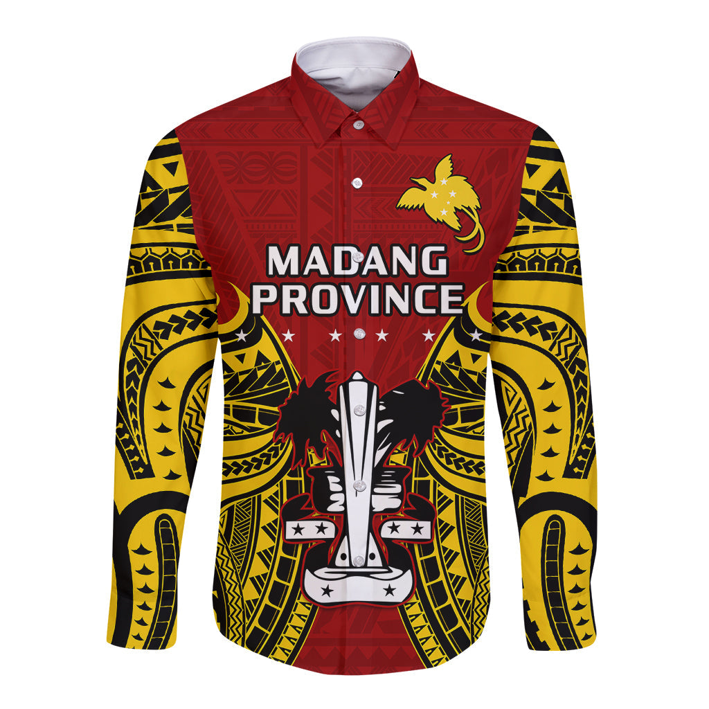 Papua New Guinea Long Sleeve Button Shirt Madang Province Mix Coat Of Arms Polynesian Art