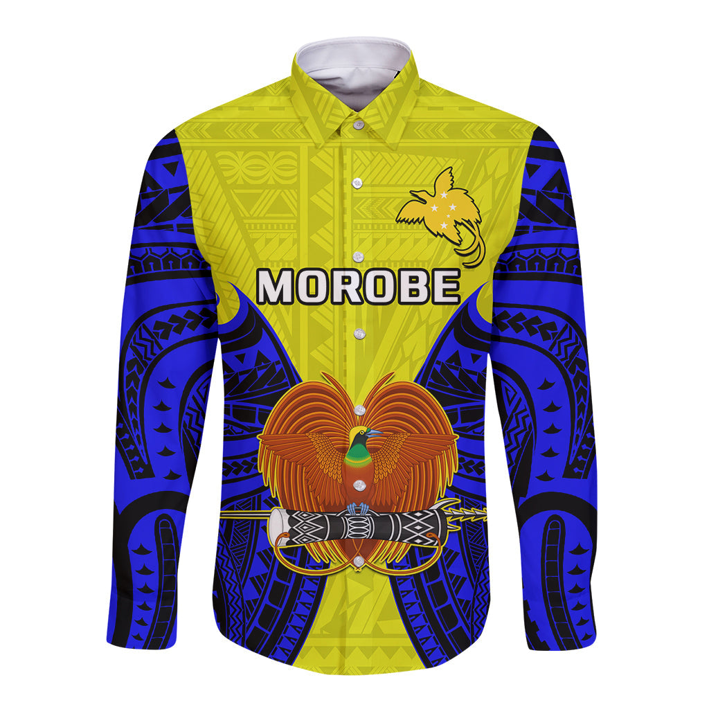 Papua New Guinea Long Sleeve Button Shirt Morobe Province Mix Coat Of Arms Polynesian Art
