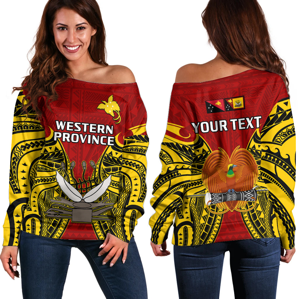 (Custom Personalised) Papua New Guinea Off Shoulder Sweater Western Province Mix Coat Of Arms Polynesian Art