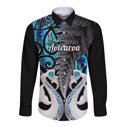 Personalised New Zealand Long Sleeve Button Shirt Te Manaia Mangopare Maori And Fern Blue Style