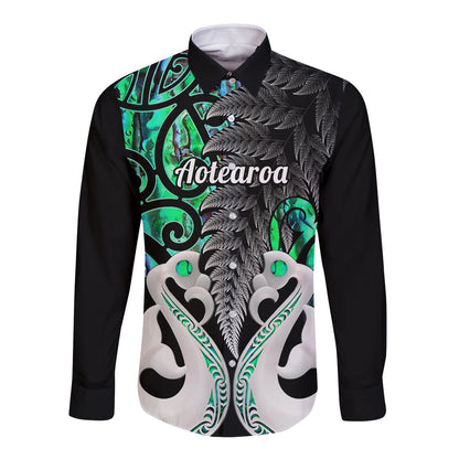 Personalised New Zealand Long Sleeve Button Shirt Te Manaia Mangopare Maori And Fern Green Style