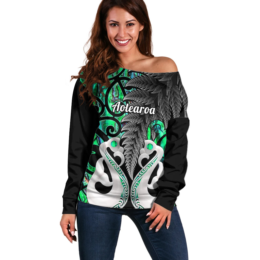 Personalised New Zealand Off Shoulder Sweater Te Manaia Mangopare Maori And Fern Green Style