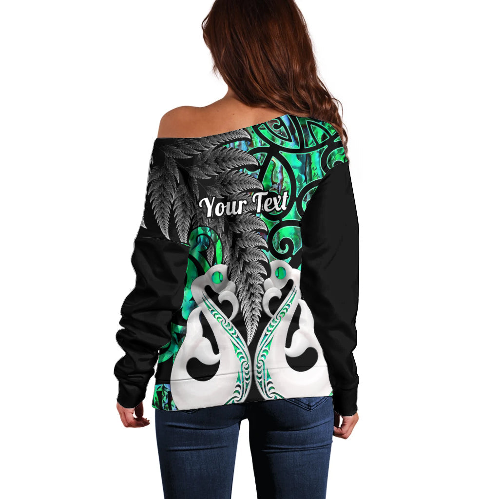 Personalised New Zealand Off Shoulder Sweater Te Manaia Mangopare Maori And Fern Green Style