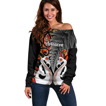 Personalised New Zealand Off Shoulder Sweater Te Manaia Mangopare Maori And Fern Orange Style