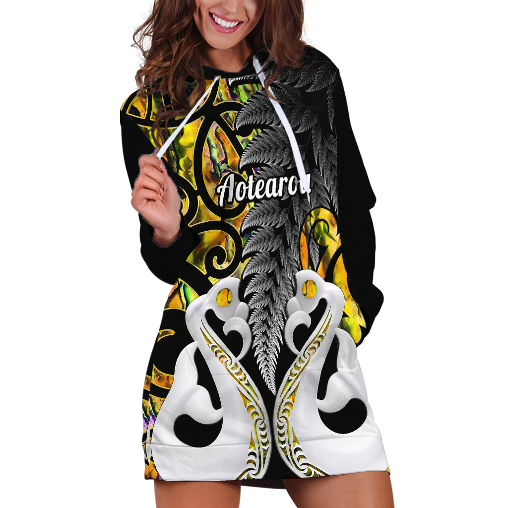 Personalised New Zealand Hoodie Dress Te Manaia Mangopare Maori And Fern Gold Style