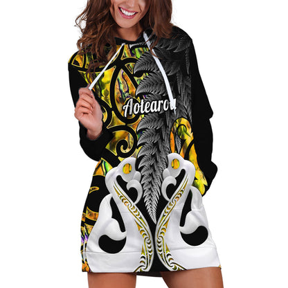 Personalised New Zealand Hoodie Dress Te Manaia Mangopare Maori And Fern Gold Style