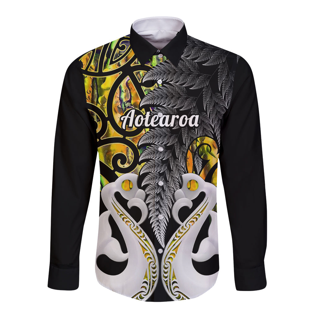 Personalised New Zealand Long Sleeve Button Shirt Te Manaia Mangopare Maori And Fern Gold Style