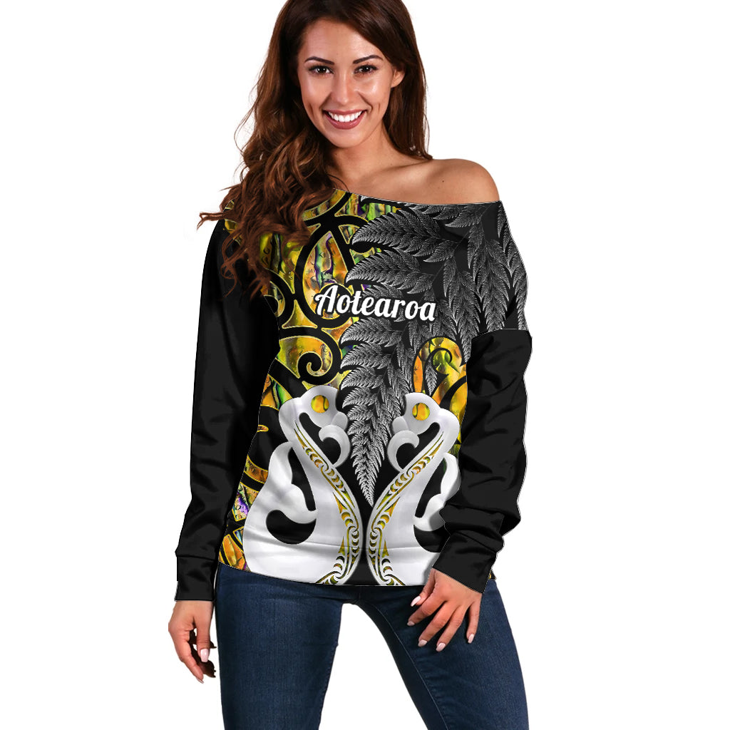 Personalised New Zealand Off Shoulder Sweater Te Manaia Mangopare Maori And Fern Gold Style