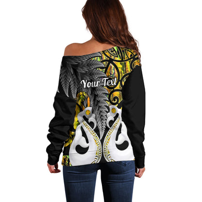 Personalised New Zealand Off Shoulder Sweater Te Manaia Mangopare Maori And Fern Gold Style