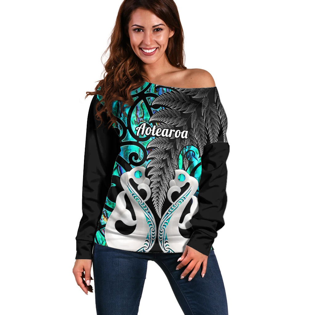 Personalised New Zealand Off Shoulder Sweater Te Manaia Mangopare Maori And Fern Turquoise Style