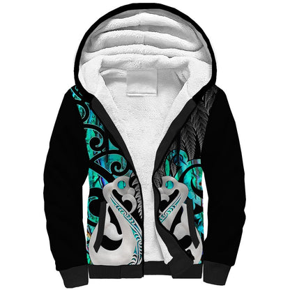 Personalised New Zealand Sherpa Hoodie Te Manaia Mangopare Maori And Fern Turquoise Style