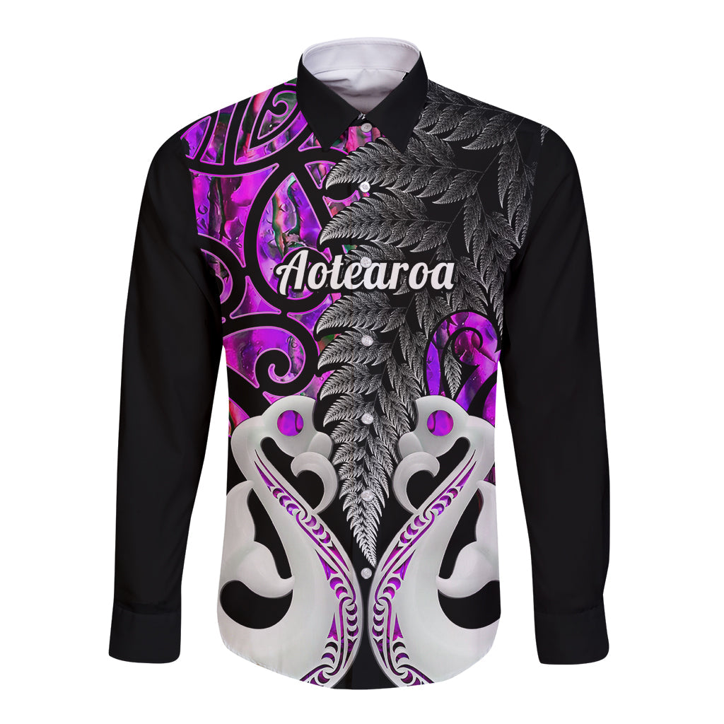 Personalised New Zealand Long Sleeve Button Shirt Te Manaia Mangopare Maori And Fern Purple Style