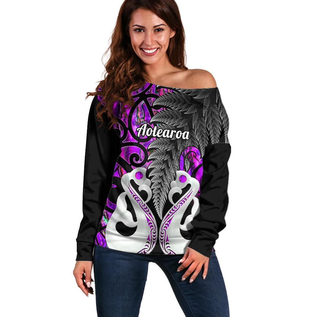Personalised New Zealand Off Shoulder Sweater Te Manaia Mangopare Maori And Fern Purple Style