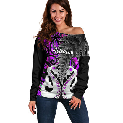 Personalised New Zealand Off Shoulder Sweater Te Manaia Mangopare Maori And Fern Purple Style
