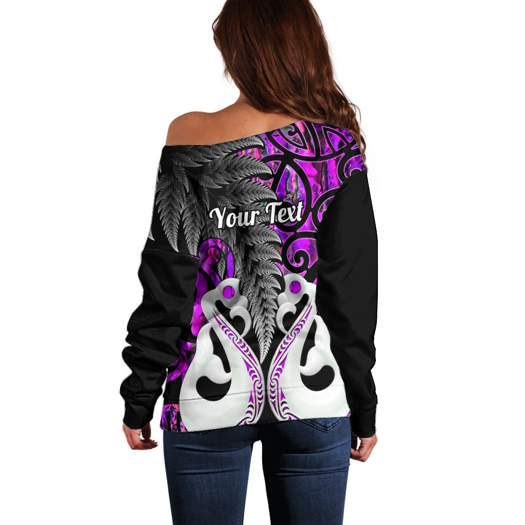 Personalised New Zealand Off Shoulder Sweater Te Manaia Mangopare Maori And Fern Purple Style
