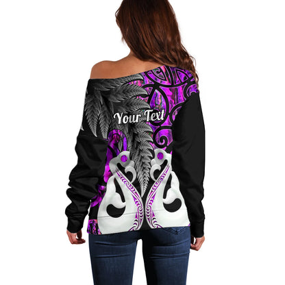 Personalised New Zealand Off Shoulder Sweater Te Manaia Mangopare Maori And Fern Purple Style