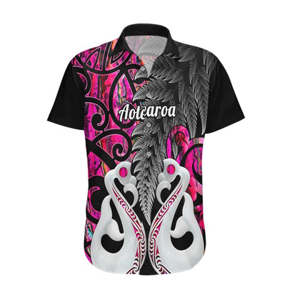 Personalised New Zealand Hawaiian Shirt Te Manaia Mangopare Maori And Fern Pink Style