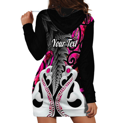 Personalised New Zealand Hoodie Dress Te Manaia Mangopare Maori And Fern Pink Style