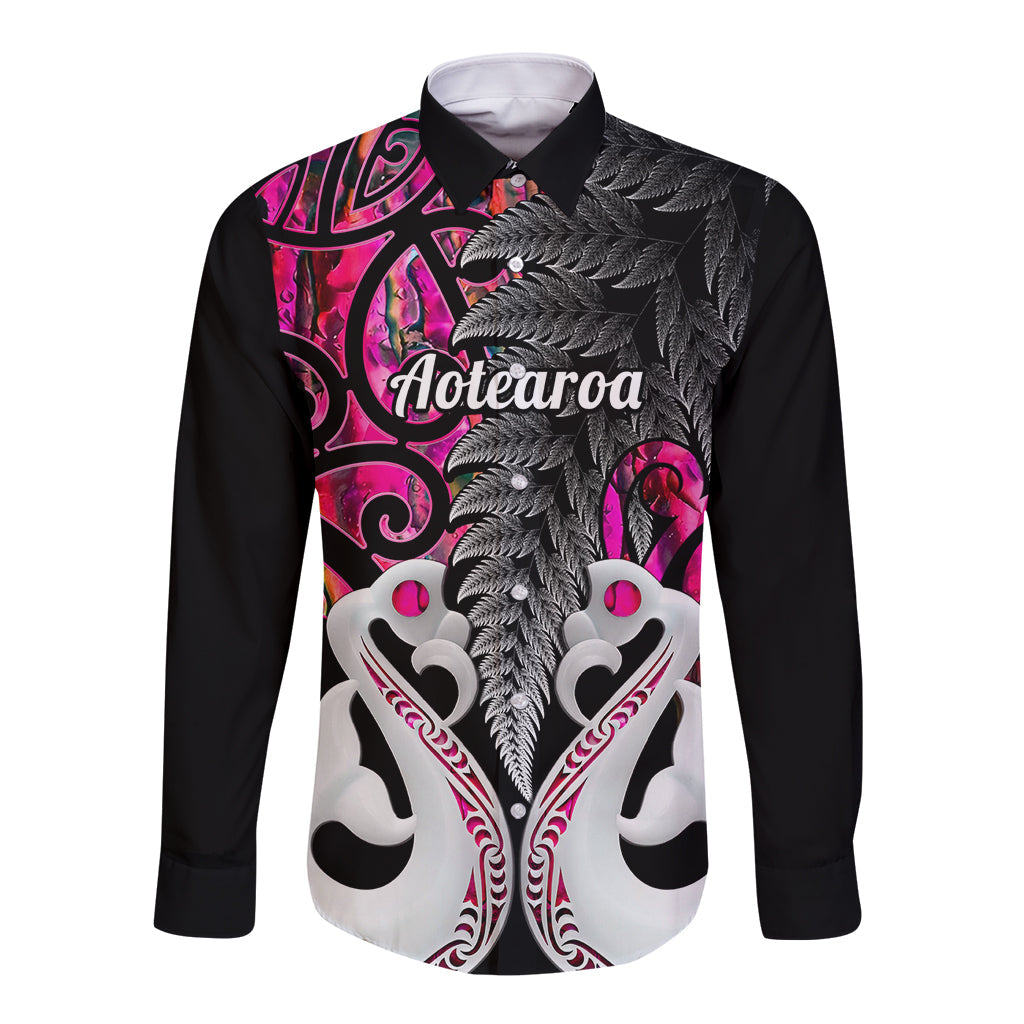 Personalised New Zealand Long Sleeve Button Shirt Te Manaia Mangopare Maori And Fern Pink Style