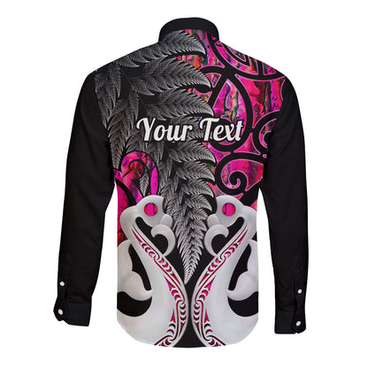 Personalised New Zealand Long Sleeve Button Shirt Te Manaia Mangopare Maori And Fern Pink Style
