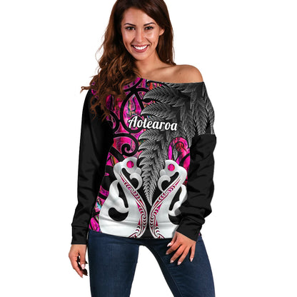 Personalised New Zealand Off Shoulder Sweater Te Manaia Mangopare Maori And Fern Pink Style