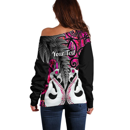 Personalised New Zealand Off Shoulder Sweater Te Manaia Mangopare Maori And Fern Pink Style
