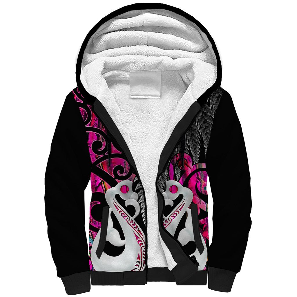 Personalised New Zealand Sherpa Hoodie Te Manaia Mangopare Maori And Fern Pink Style