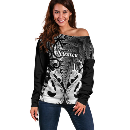 Personalised New Zealand Off Shoulder Sweater Te Manaia Mangopare Maori And Fern Black Style