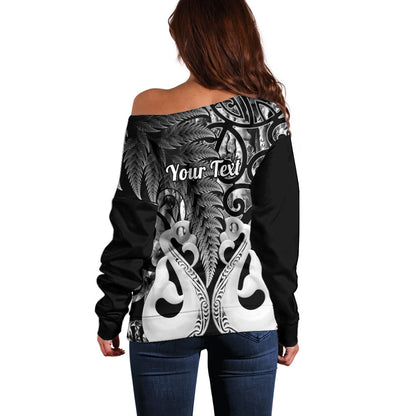 Personalised New Zealand Off Shoulder Sweater Te Manaia Mangopare Maori And Fern Black Style