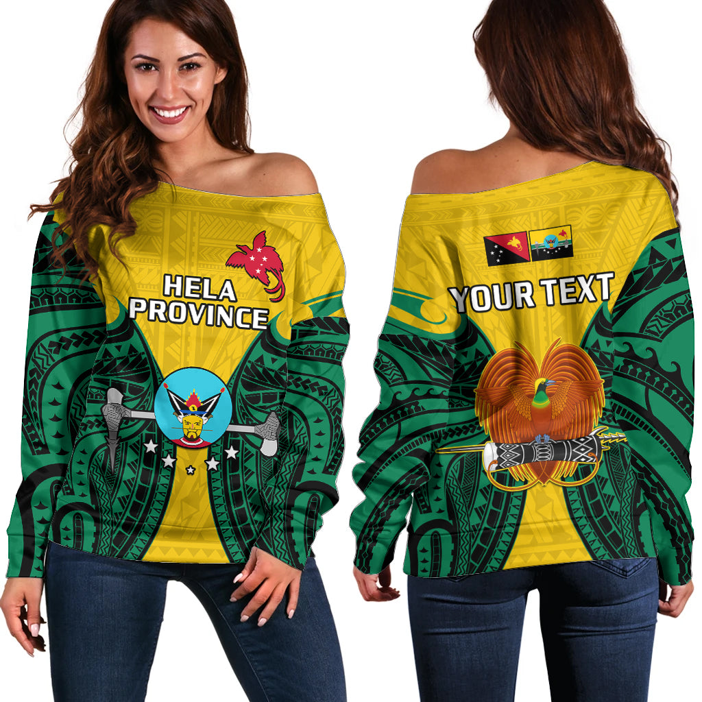 (Custom Personalised) Papua New Guinea Off Shoulder Sweater Hela Province Mix Coat Of Arms Polynesian Art
