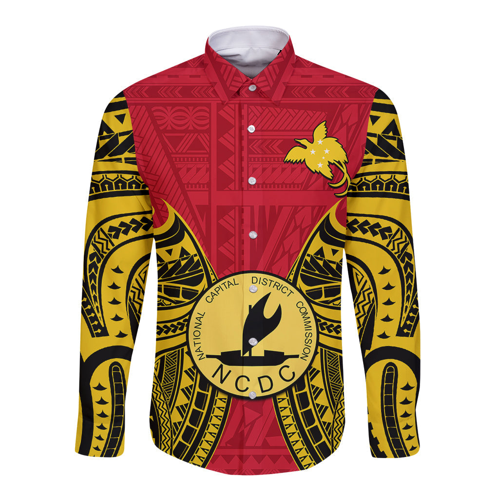 Papua New Guinea Long Sleeve Button Shirt National Capital District Mix Coat Of Arms Polynesian Art