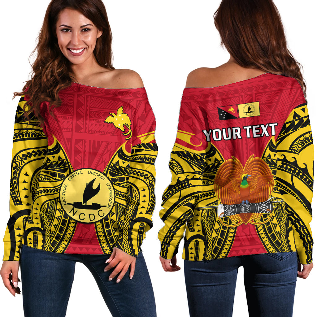 (Custom Personalised) Papua New Guinea Off Shoulder Sweater National Capital District Mix Coat Of Arms Polynesian Art