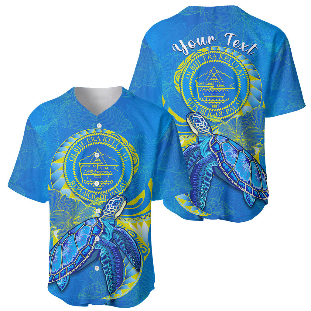 (Custom Personalised) Palau Baseball Jersey Hibiscus Turtle Mix Coat Of Arms Blue Version